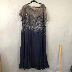 Xscape Dress Womens 22W Navy Blue Mesh Beaded Embroidered Gown Formal Evening